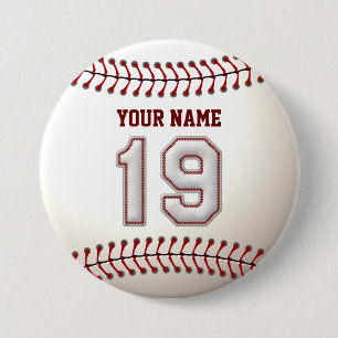 Baseball Stitches Player Number 19 en Custom Name Ronde Button 7,6 Cm