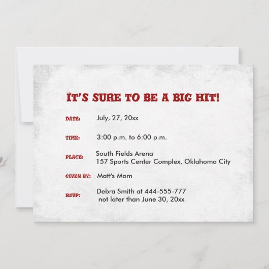 Baseball Thème Anniversaire Fête Invitation (Dos)