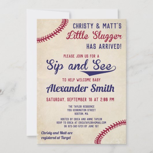 Baseball thème Sip et voir les invitations (Devant)