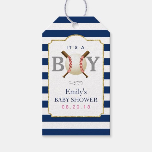 Baseball ThleBoy Navy Blue Stripes Baby shower Cadeaulabel (Voorkant)