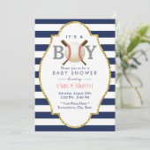 Baseball ThleBoy Navy Blue Stripes Baby shower Kaart (Staand voorkant)