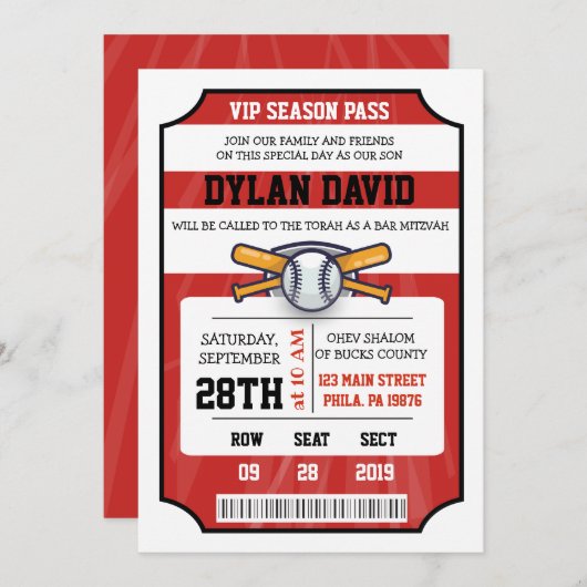 BASEBALL TICKET Bar Bat Mitzvah Uitnodiging (Voorkant / Achterkant)