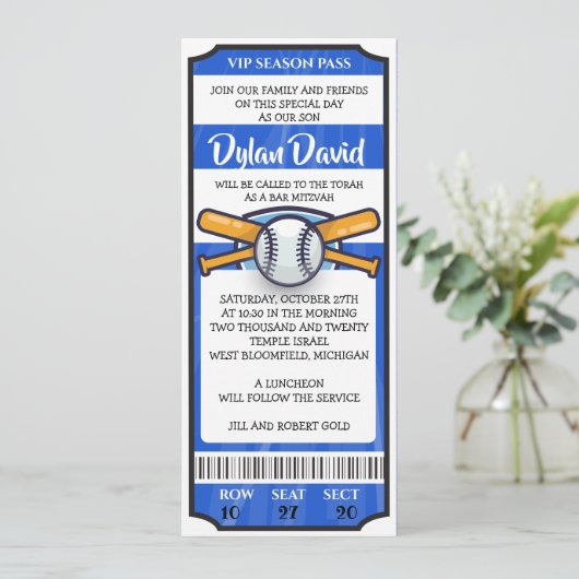 BASEBALL TICKET Bar Invitation Bat mitzvah (Debout devant)