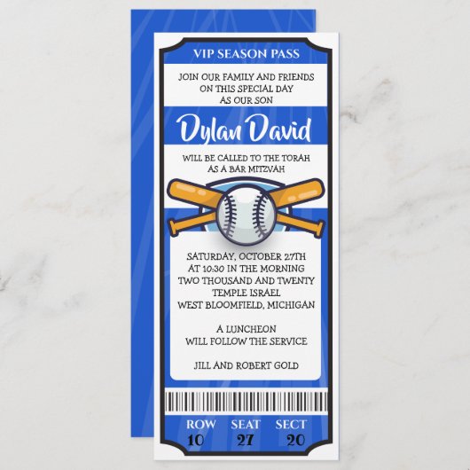 BASEBALL TICKET Bar Invitation Bat mitzvah (Devant / Derrière)
