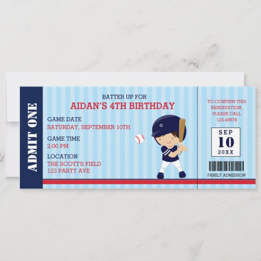 Baseball Ticket Birthday Invitations (Navy Red) Kaart (Voorkant)
