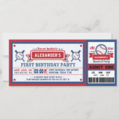 Baseball Ticket Pass Birthday Invitation Blue Red Kaart (Voorkant)