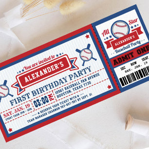 Baseball Ticket Pass Birthday Invitation Blue Red Kaart