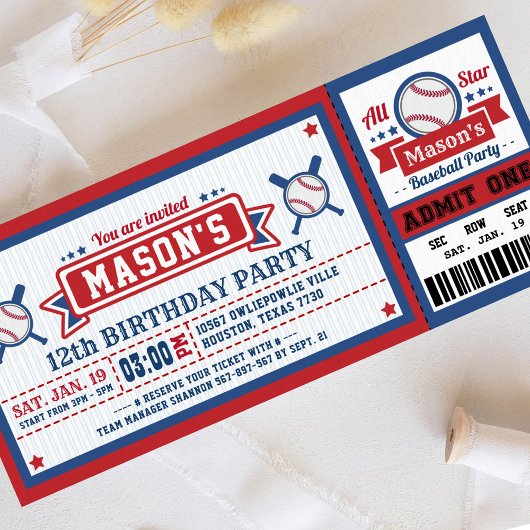 Baseball Ticket Pass Birthday Invitation Blue Red Kaart