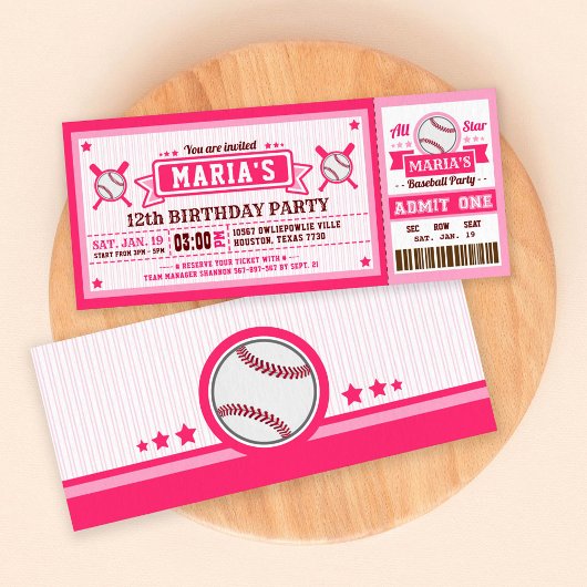 Baseball Ticket Pass Birthday Invitation Roze Kaart