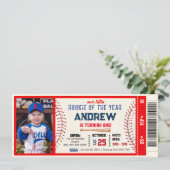 Baseball ticket rood thema verjaardag Met foto Kaart (Staand voorkant)