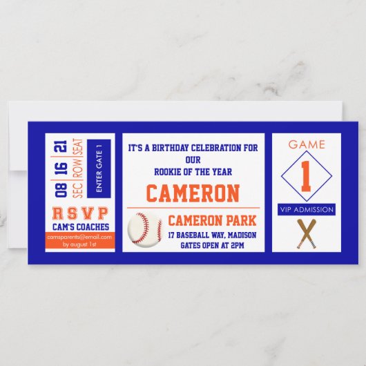 Baseball Ticket Verjaardagsfeestuitnodiging Sinaas Kaart (Voorkant)