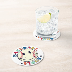 Baseball Vibes Happy Face Ball Ronde Kartonnen Onderzetter