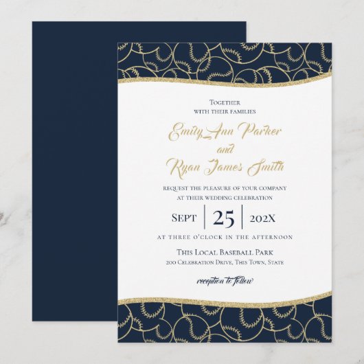 Baseball Wedding Gold en Blue Invitation Kaart (Voorkant / Achterkant)