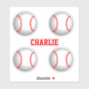 Baseballs met rode stiksels en aangepaste naam sticker