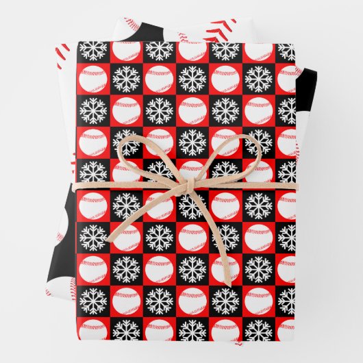 Basebollen en Snowflakes Rood- en Zwarte Kerstmis Inpakpapier Vel (In situ)