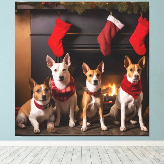Basenji bij de open haard Kerstmis Canvas Afdruk (Insitu (Houten vloer))