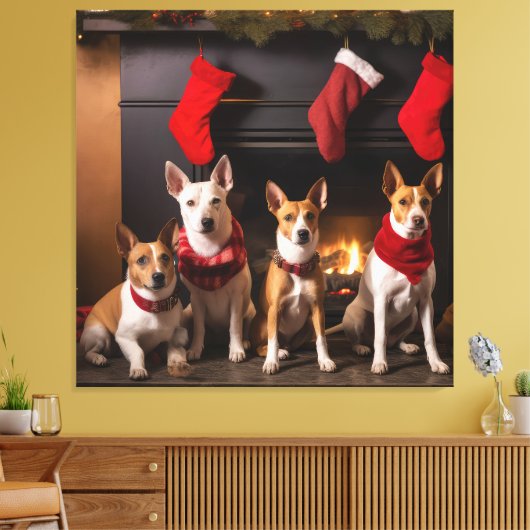 Basenji bij de open haard Kerstmis Canvas Afdruk (Insitu (Woonkamer))