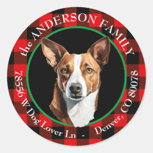 Basenji Dog Buffalo Plaid Retouradres Ronde Sticker