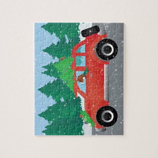 Basenji Dog Rijden met een rode auto met kerstboom Legpuzzel (Verticaal)
