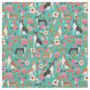 Basenji dogs vintage florals turquoise stof