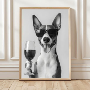 Basenji Drinkt Wijn Muurkunst, Zwart en Wit Poster