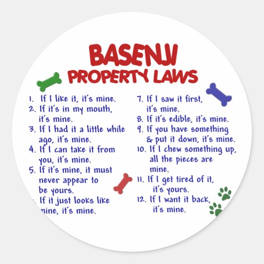 BASENJI Eigendomwetten 2 Ronde Sticker (Voorkant)