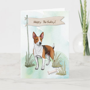 Basenji fokt hond buiten onder verjaardagsbord kaart