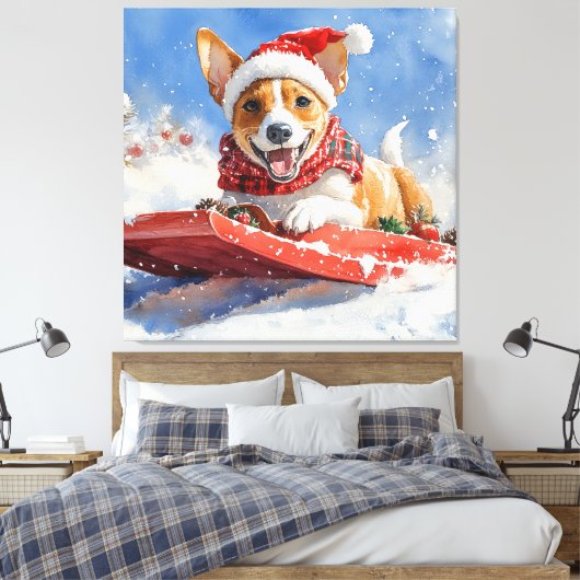 Basenji Hond in Sledge Laat het Sneeuw Kerstmis Canvas Afdruk (Insitu (Slaapkamer))