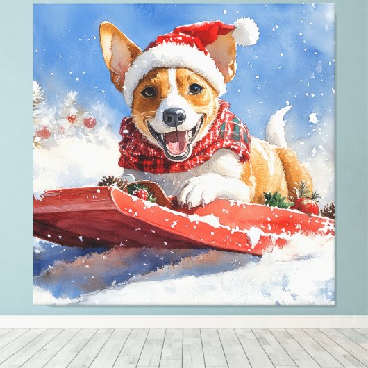 Basenji Hond in Sledge Laat het Sneeuw Kerstmis Canvas Afdruk (Insitu (Houten vloer))
