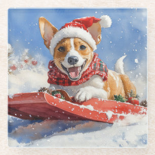 Basenji Hond in Sledge Laat het Sneeuw Kerstmis Glazen Onderzetter