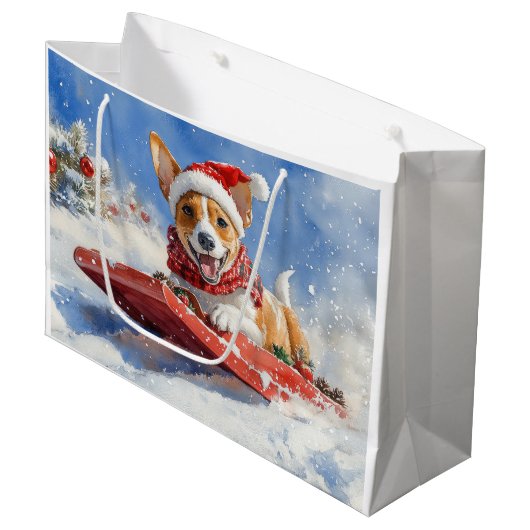 Basenji Hond in Sledge Laat het Sneeuw Kerstmis Groot Cadeauzakje (Voorkant Gekanteld)
