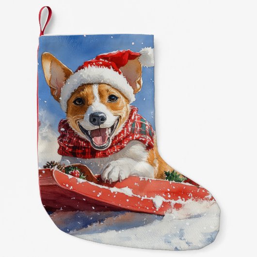 Basenji Hond in Sledge Laat het Sneeuw Kerstmis Kleine Kerstsok (Voorkant)