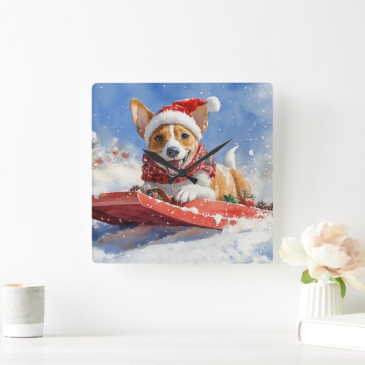 Basenji Hond in Sledge Laat het Sneeuw Kerstmis Vierkante Klok (Huis)