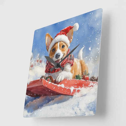 Basenji Hond in Sledge Laat het Sneeuw Kerstmis Vierkante Klok (Hoek)