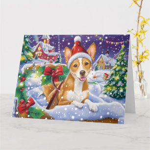 Basenji-hond in slee met sneeuw Kerstmis Kaart
