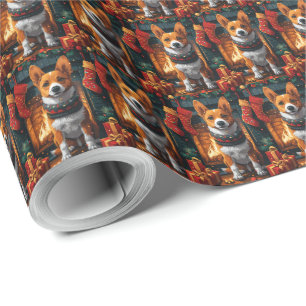 Basenji-hond met kerstcadeaus open haard cadeaupapier