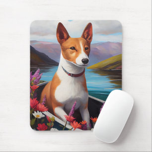 Basenji-hond op een peddel: een landschappelijk av muismat
