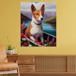 Basenji-hond op een peddel: een landschappelijk av poster