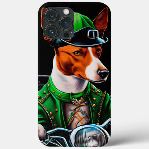Basenji-hond rijdt op fiets St. Patrick's Day iPhone 13 Pro Max Hoesje
