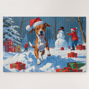 Basenji-hond speelt in de sneeuw winters decor legpuzzel