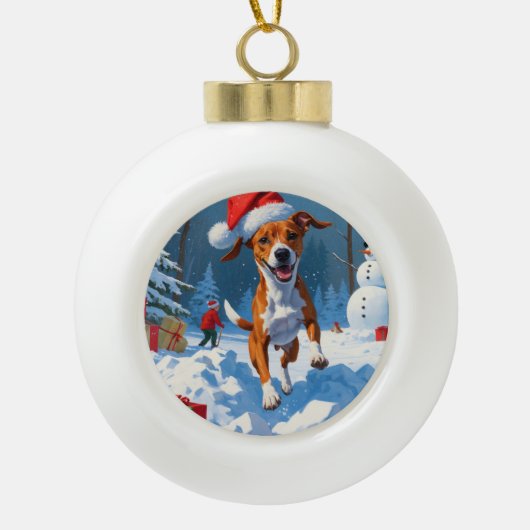 Basenji Kerstfeest Sneeuwscène Keramische Bal Ornament (Voorkant)