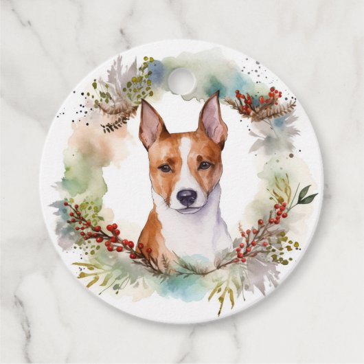 Basenji Kerstkrans feestelijke pup Bedankjes Labels (Voorkant)