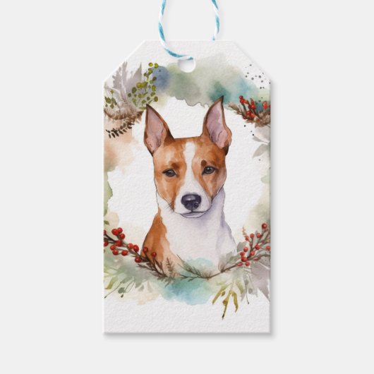 Basenji Kerstkrans feestelijke pup Cadeaulabel (Voorkant)