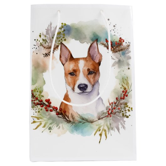 Basenji Kerstkrans feestelijke pup Medium Cadeauzakje (Voorkant)