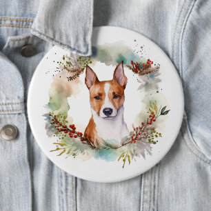 Basenji Kerstkrans feestelijke pup Ronde Button 6,0 Cm