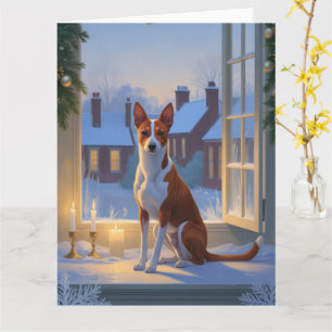 Basenji met kerstverlichting vakantie kaart
