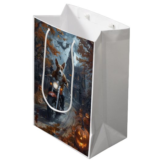 Basenji Riding Motorfiets Halloween Eng Medium Cadeauzakje (Voorkant Gekanteld)