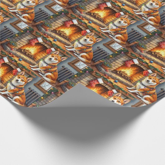 Basenji Sitting by Fireplace with Christmas Lights Cadeaupapier (Hoek)