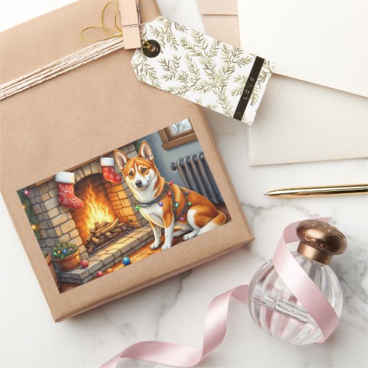 Basenji Sitting by Fireplace with Christmas Lights Rechthoekige Sticker (Geschenken)