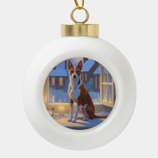 Basenji With Christmas Lights Holiday Keramische Bal Ornament (Voorkant)
